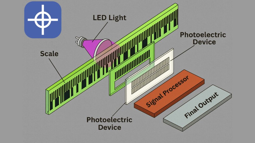 Radonix Optical linear encoder diagram showing scale, LED light, photoelectric sensor, signal processor, and output stage