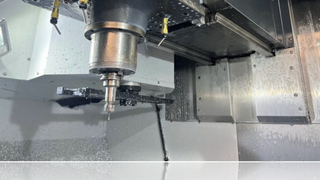 CNC spindle operating inside a machining center during cutting, showing coolant flow and tool engagement