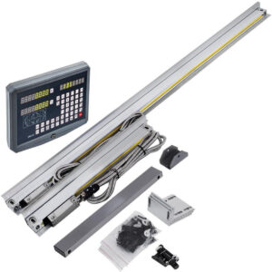 Linear encoder scale kit with readhead, mounting hardware, and digital readout used for precise CNC axis position feedback.