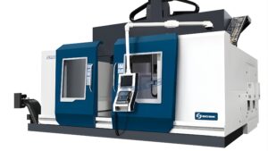 Modern CNC machining center with advanced enclosure & control panel, showing the latest stage in the history of CNC machines