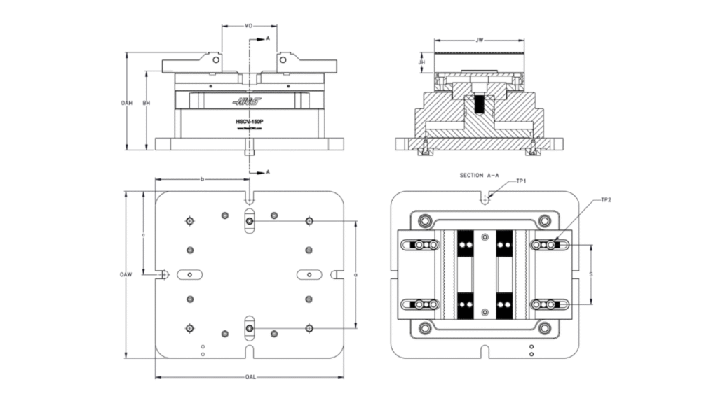 Technical drawing of a pneumatic cylinder assembly showing dimensions, section view, mounting layout, and CNC fixture details