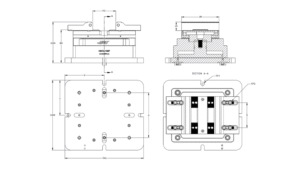 Technical drawing of a pneumatic cylinder assembly showing dimensions, section view, mounting layout, and CNC fixture details
