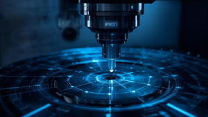 Futuristic CNC spindle visualizing RTCP tool-tip accuracy with glowing digital motion paths & a high-tech machining interface
