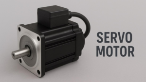 Precision electric motors servo unit showing housing and shaft in a clean studio view