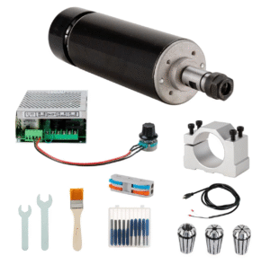 CNC spindle kit with ER collets, power supply, clamp mount, and accessories for spindle installation