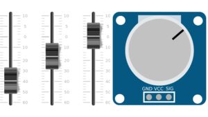 Potentiometer diagram showing slider positions and a rotary module with GND, VCC, SIG pins for wiring basics.