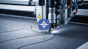 Tangential C-Axis controlling blade orientation along curved toolpath in CNC cutting system for precise contour following