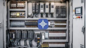 Electrical control panel layout with organized PLC, drives, and power components with Radonix logo