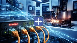 EtherCAT-Based CNC Systems background with CNC machining and network cables, Radonix logo centered