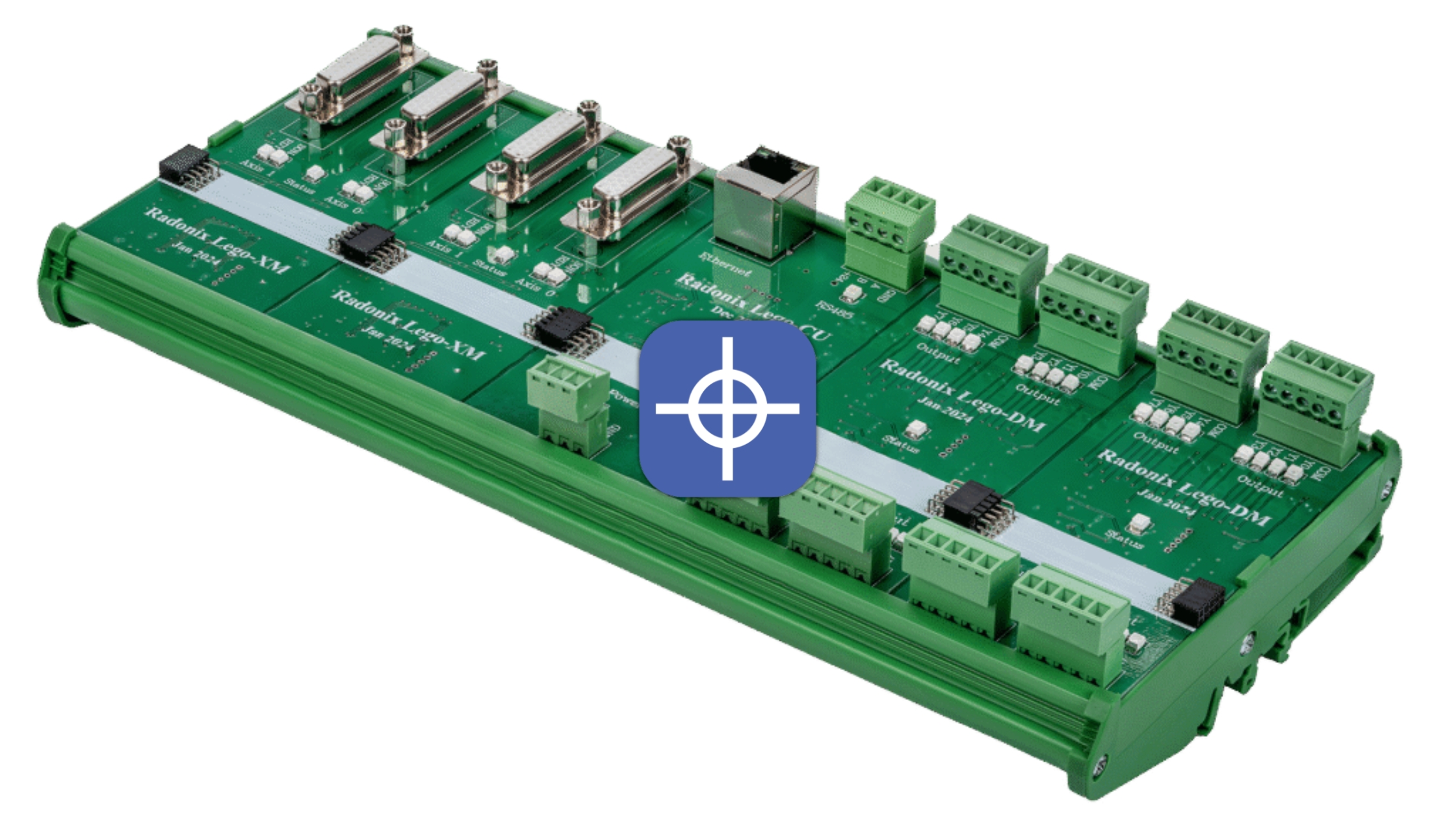 Modular CNC controller with distributed control and I/O modules showing Lego-style CNC architecture