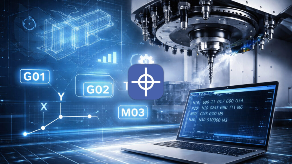 G-Code CNC programming interface showing G01, G02, M03 commands controlling machine tool movements