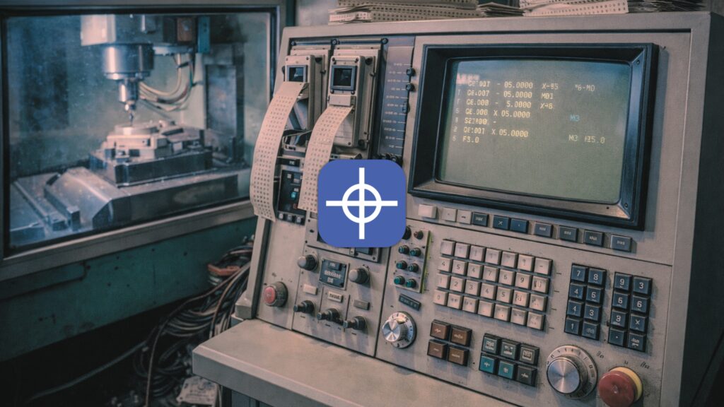 Vintage CNC control panel with punched tape & screen showing early NC programming, showing the history of CNC controllers.