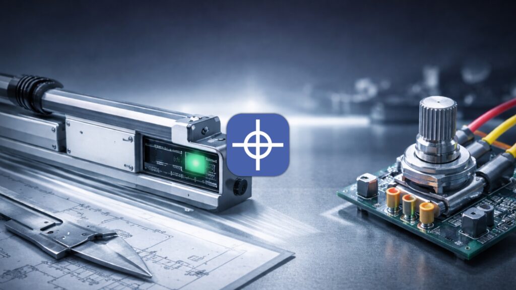 linear encoder vs potentiometer shown side by side on an industrial workbench, illustrating CNC position feedback systems