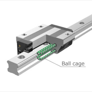 Linear guide rail internal structure showing ball cage and recirculating balls inside the carriage for CNC applications