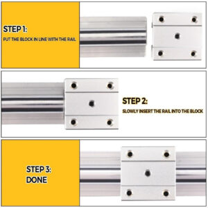 Linear guide rail installation steps showing correct alignment and insertion of the carriage onto a CNC linear guide rail