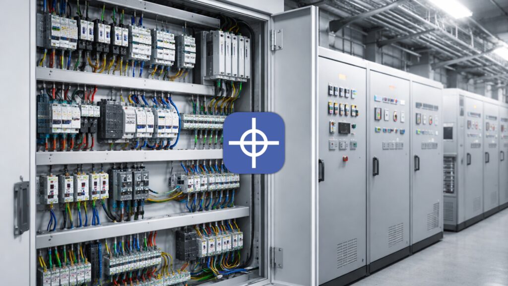Electrical control panel protection shown in open industrial cabinet with breakers, relays & organized wiring in panel room