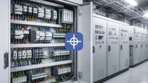 Electrical control panel protection shown in open industrial cabinet with breakers, relays & organized wiring in panel room