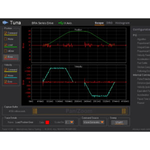 Servo tuning scope traces showing position, velocity, and following error (command vs feedback) for CNC axis tuning