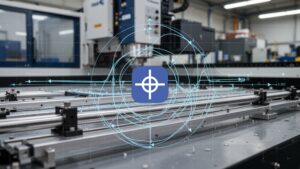Interpolation in CNC showing linear rails with circular and multi-axis motion path overlay in industrial workshop