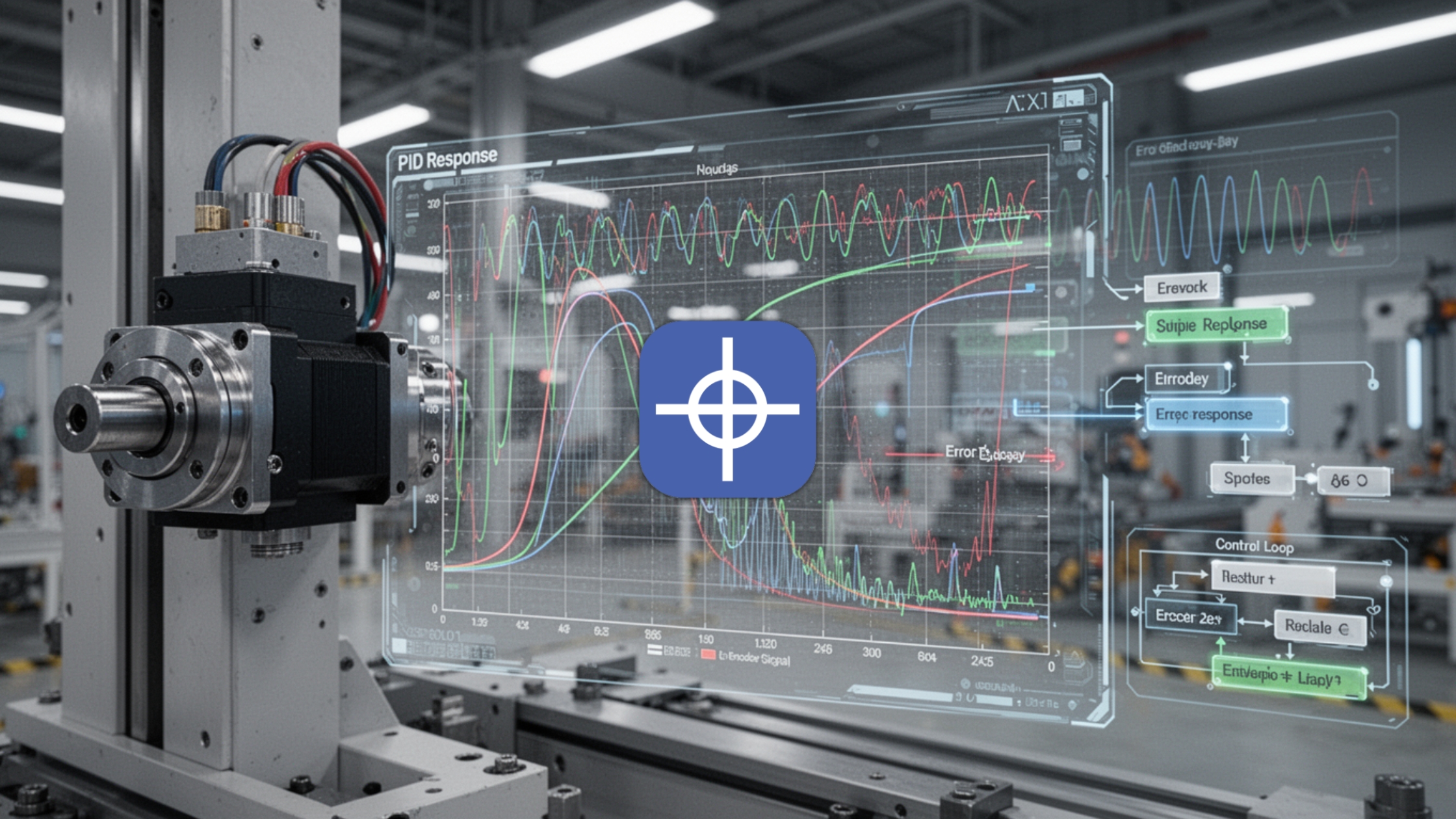 PID Motion control equations visualized on screen with servo motor & real-time response curves in industrial automation setup