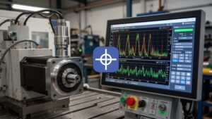Servo motor noise reduction test with CNC servo motor and vibration tuning graphs on control screen
