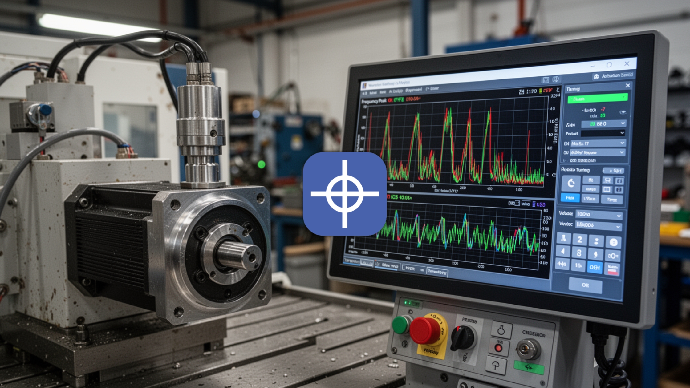 Servo motor noise reduction test with CNC servo motor and vibration tuning graphs on control screen