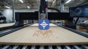 High-speed CNC router demonstrating CNC control in woodworking on MDF panel with smooth gantry motion.
