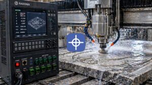 stone cnc controller by radonix cutting granite slab with water cooling and multi axis precision in industrial workshop