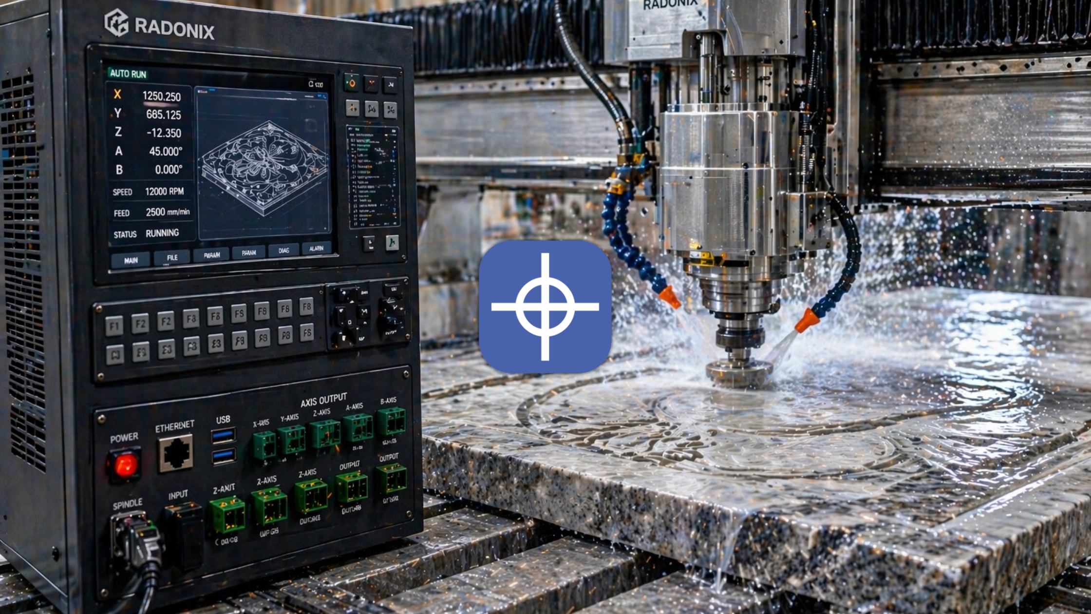 stone cnc controller by radonix cutting granite slab with water cooling and multi axis precision in industrial workshop