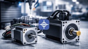 stepper vs servo motors in CNC system showing industrial servo motor and compact stepper motor in machining environment