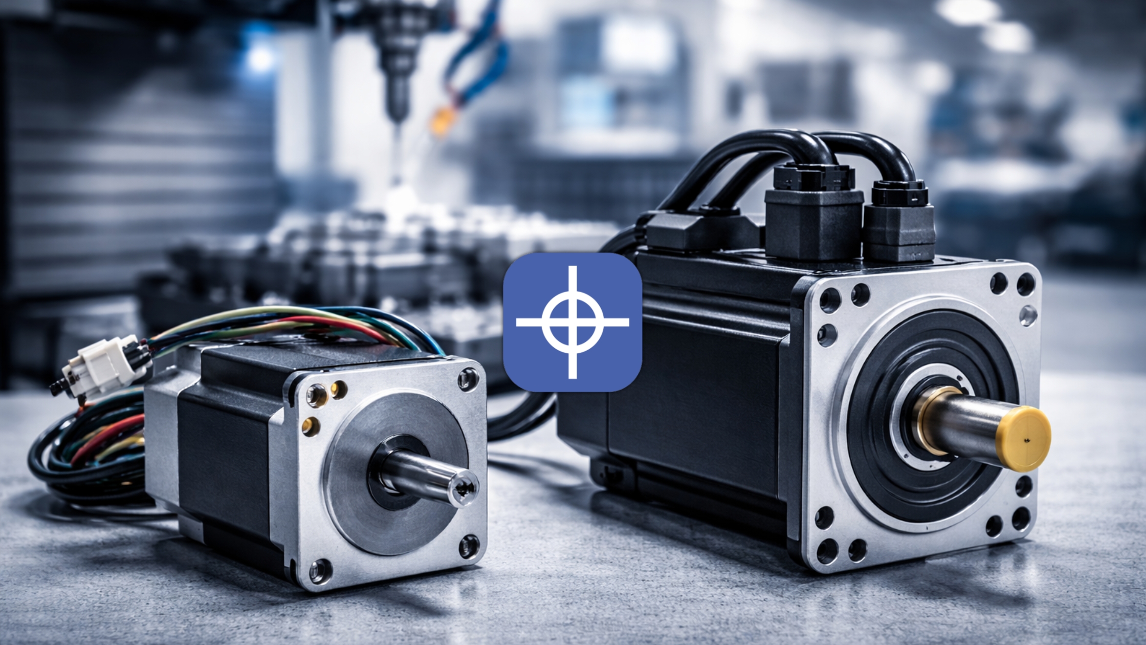 stepper vs servo motors in CNC system showing industrial servo motor and compact stepper motor in machining environment