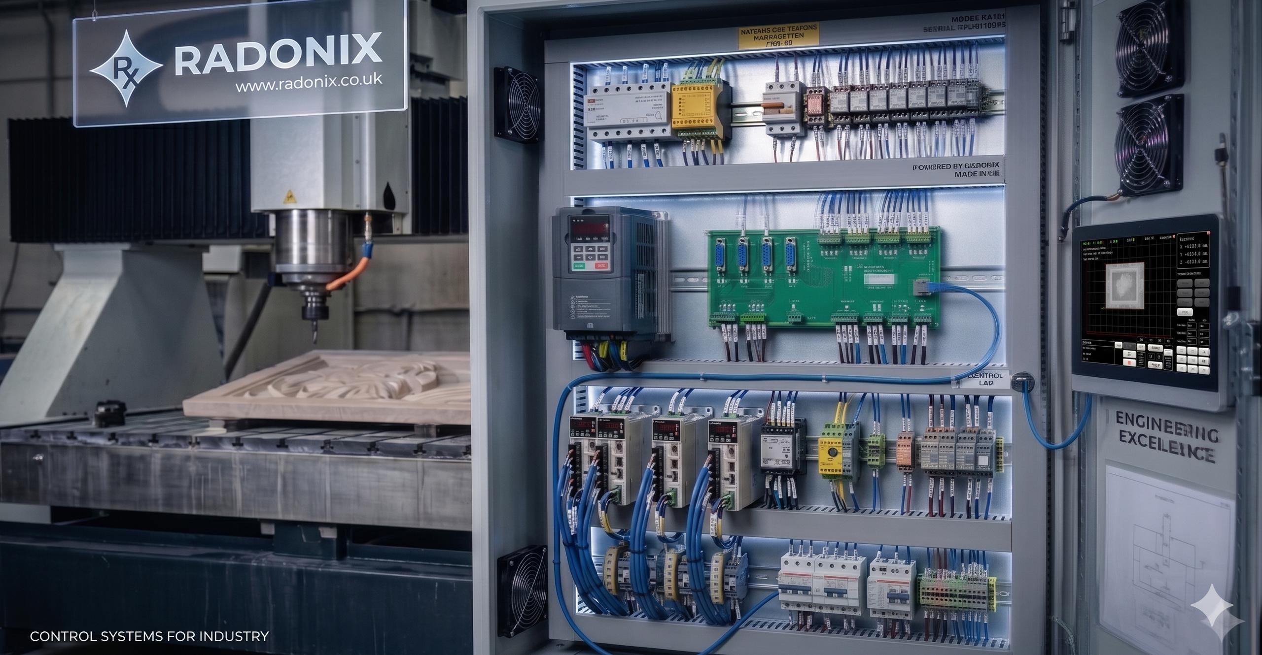 Radonix CNC controller installed inside an industrial electrical cabinet