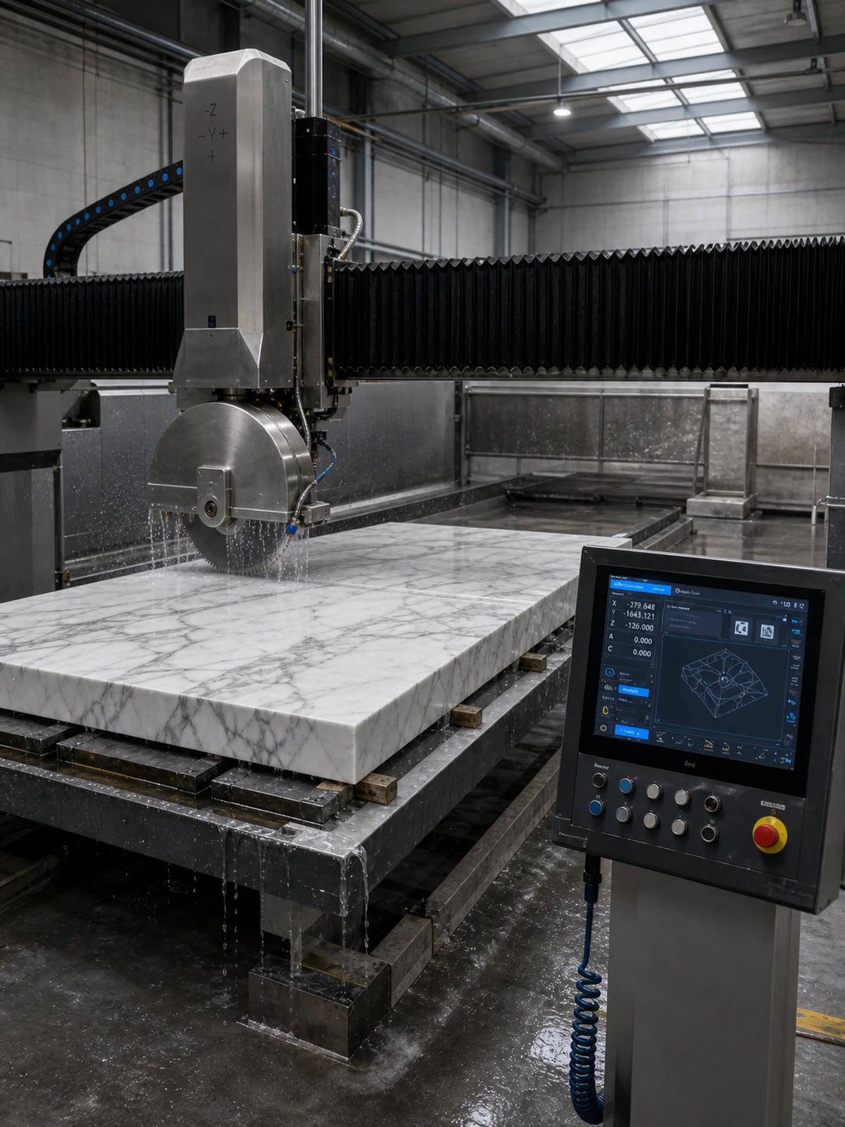 CNC bridge and disk saw cutting a marble slab beside a CNC control interface