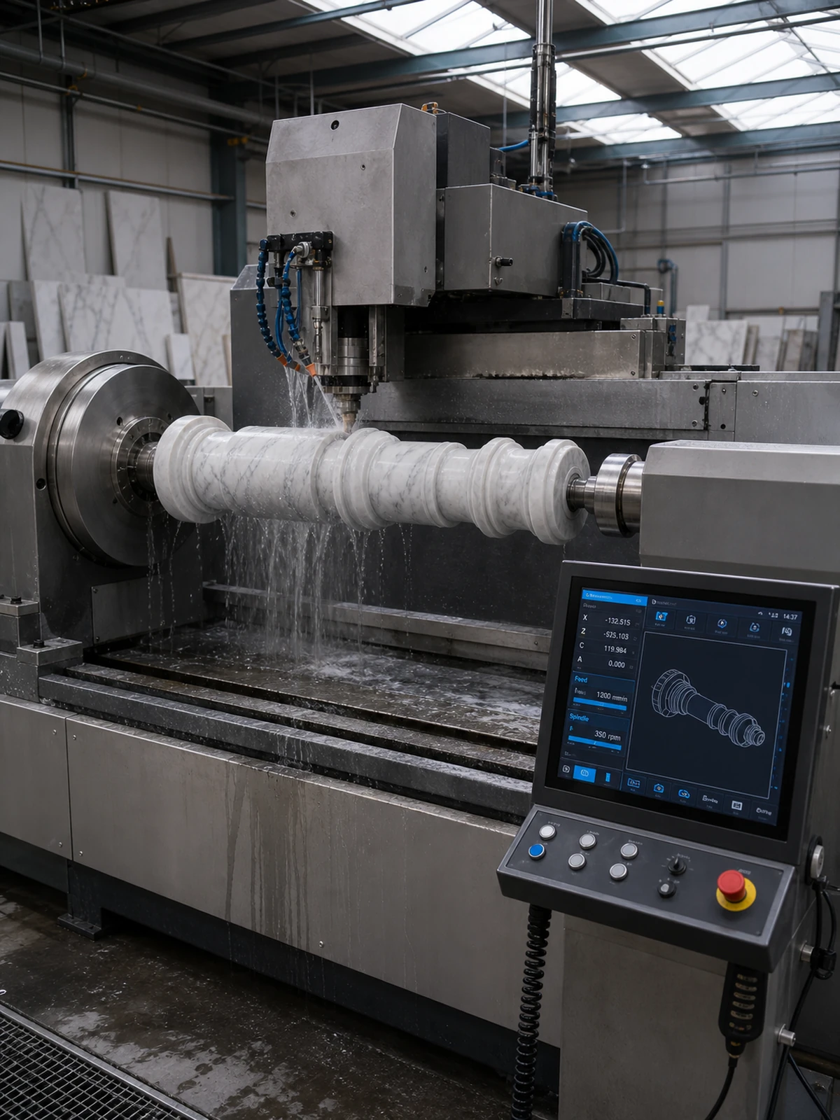CNC rotary station machining a marble column beside a CNC control interface
