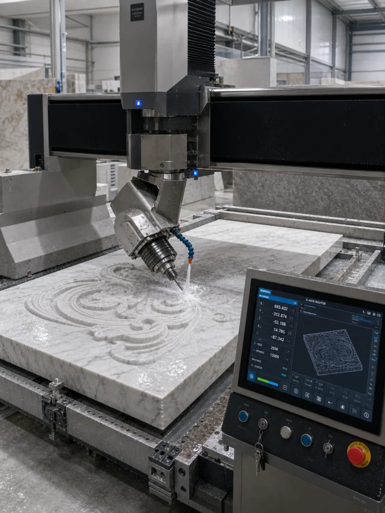 Radonix Homepage — Industrial Redesign Review 5 Five-axis stone router carving a marble relief beside a CNC control interface