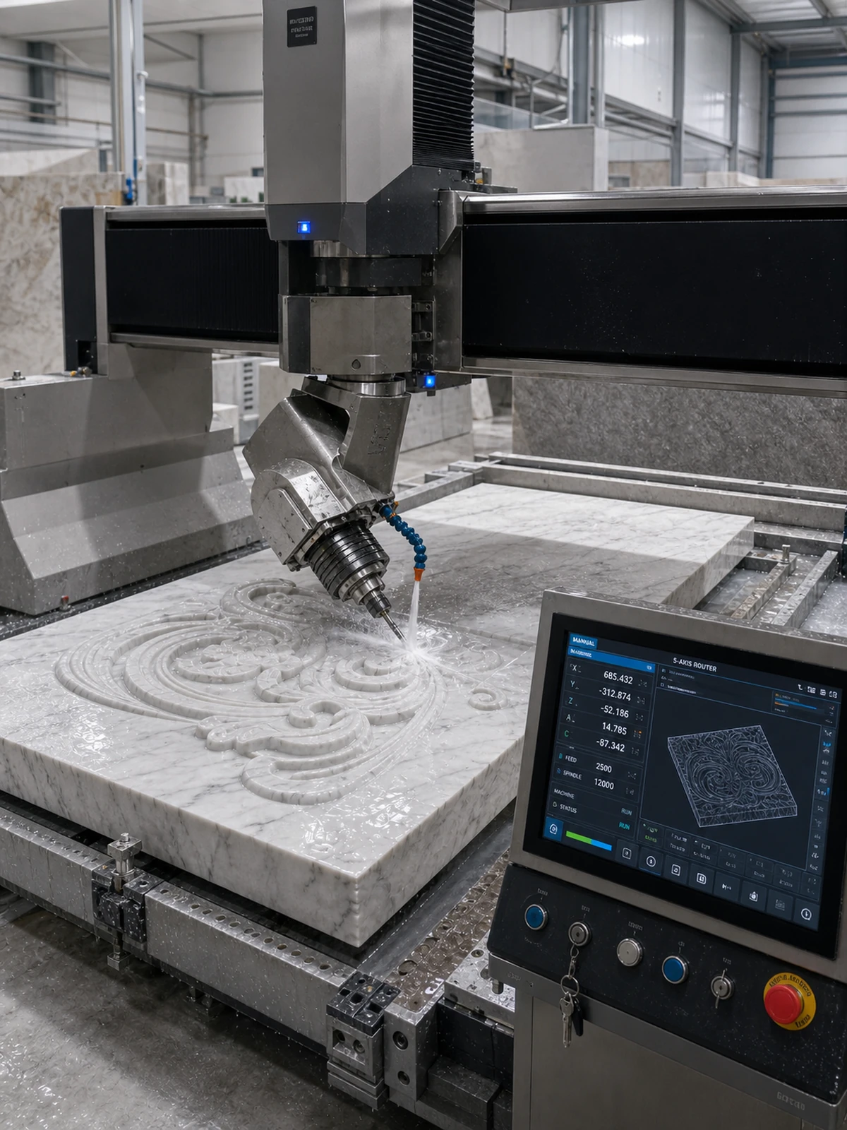 Five-axis stone router carving a marble relief beside a CNC control interface