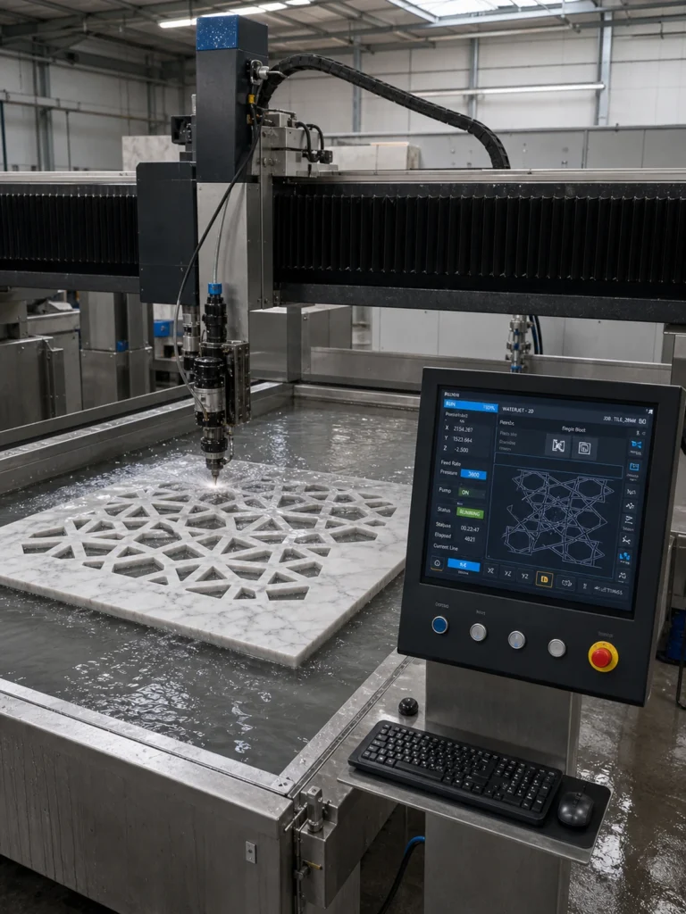 Radonix Homepage — Industrial Redesign Review 2 CNC waterjet cutting a geometric stone panel beside a CNC control interface