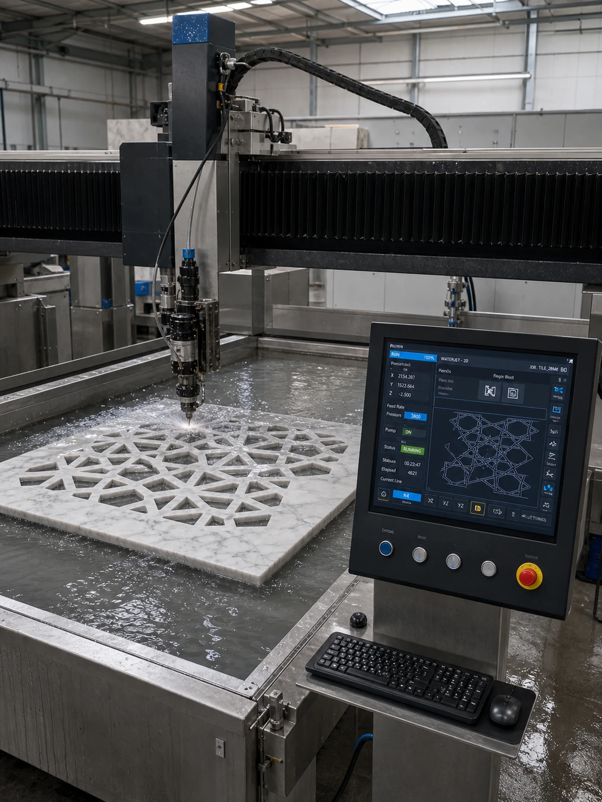 CNC waterjet cutting a geometric stone panel beside a CNC control interface
