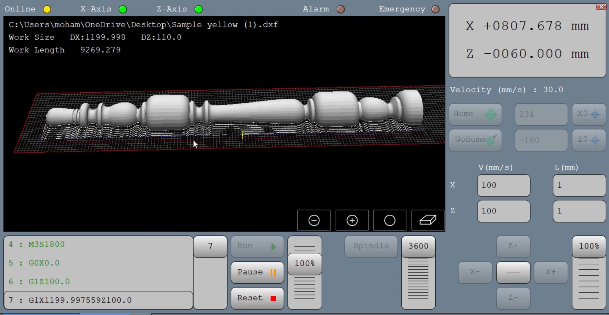 Radonix XZ Wood Turning CNC interface showing the turned profile, X and Z axes, spindle and feed controls