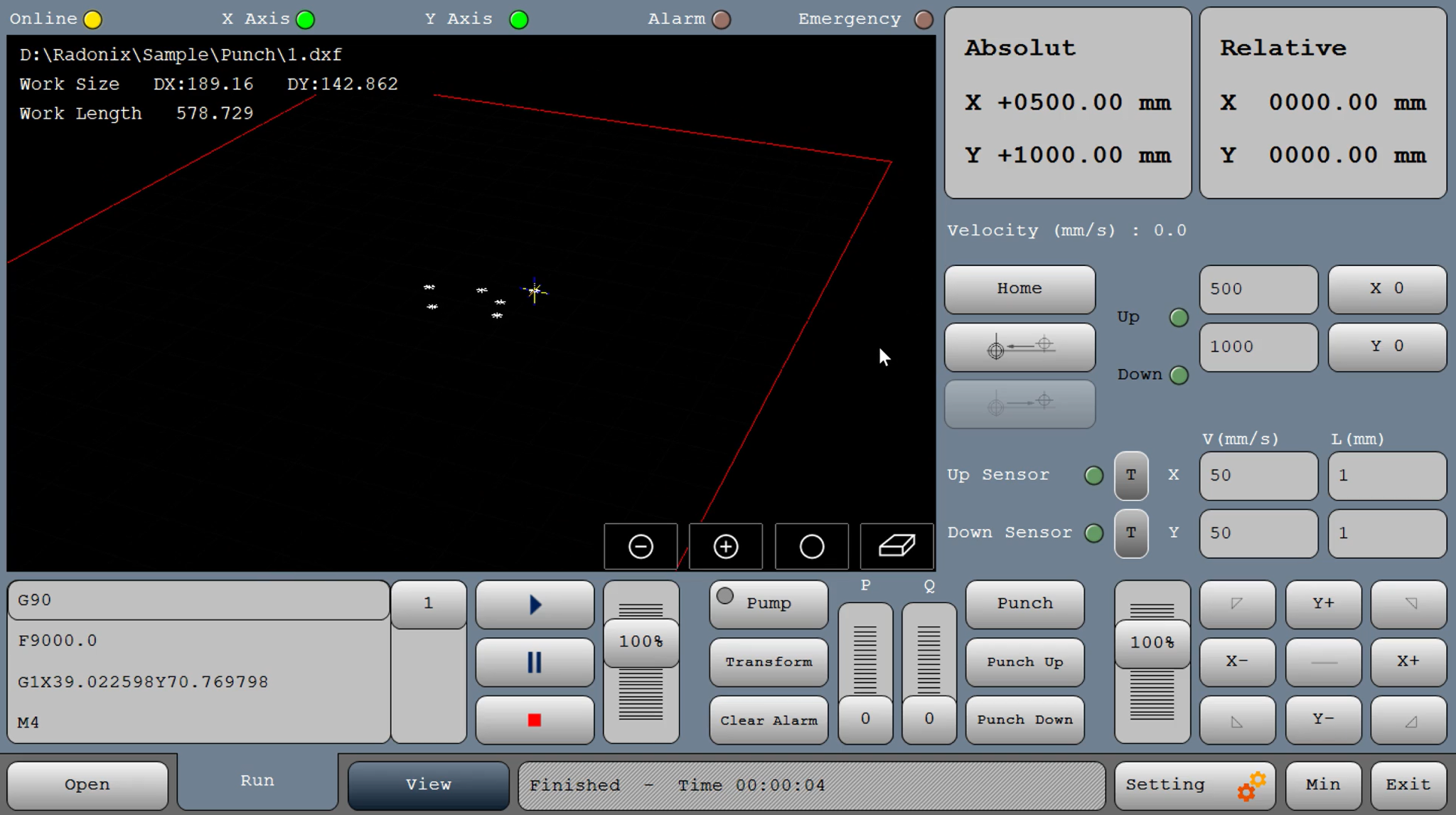 XY Punch 1 Radonix XY Punch CNC interface showing DXF punching paths, XY positioning and punch controls