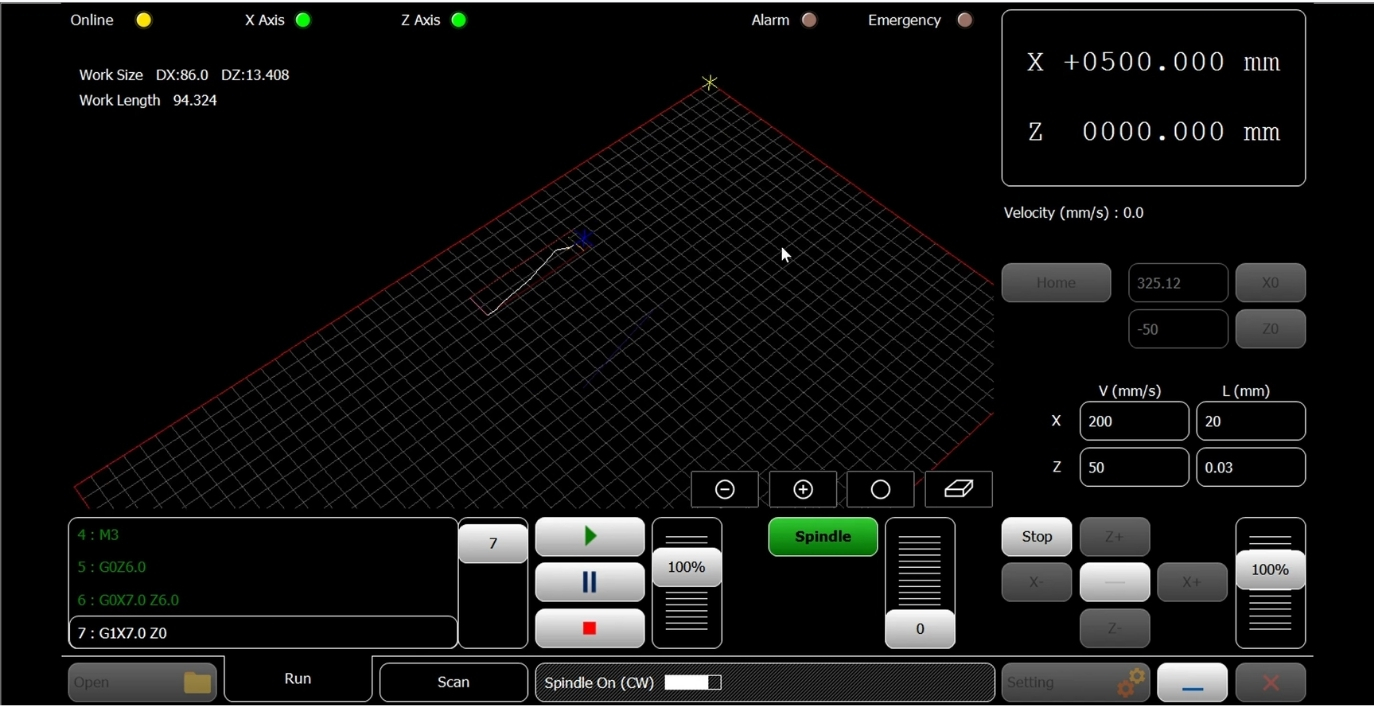 XZ Ring 1 Radonix XZ Ring operator interface with X/Z position readouts, profile preview and spindle controls
