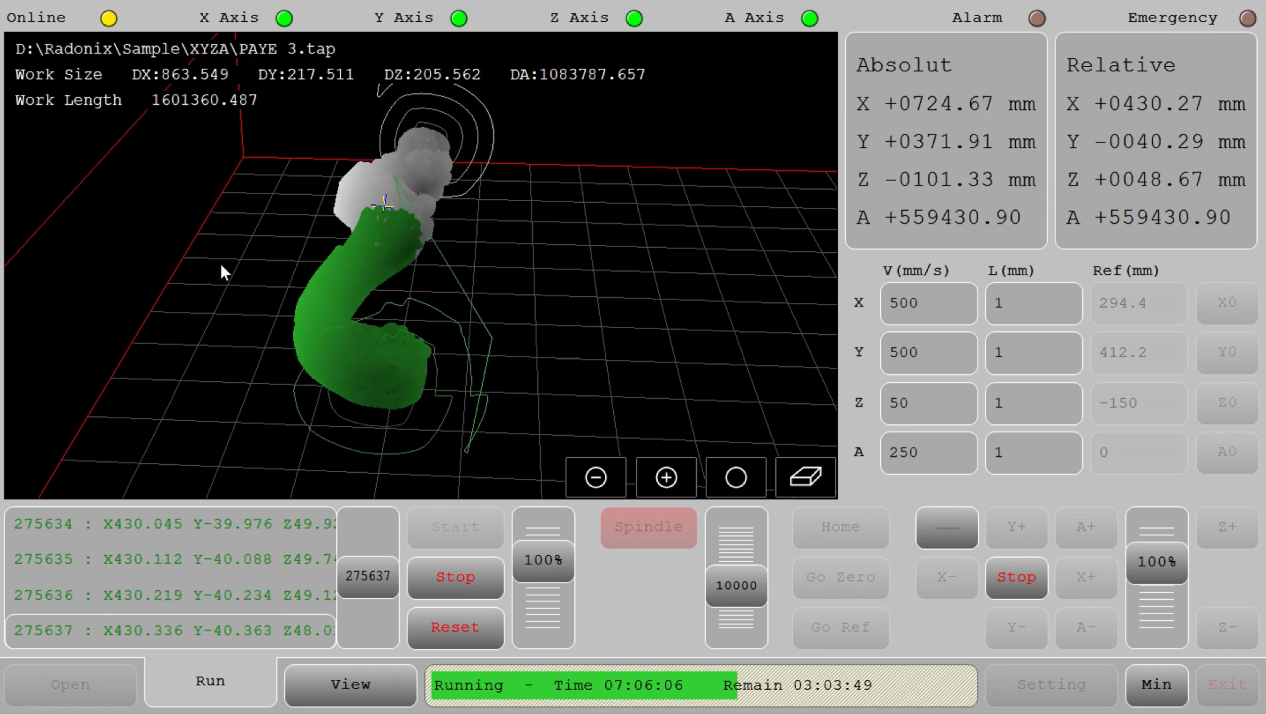 Radonix XYZA rotary operator interface with four-axis position readouts and cylindrical machining toolpath preview